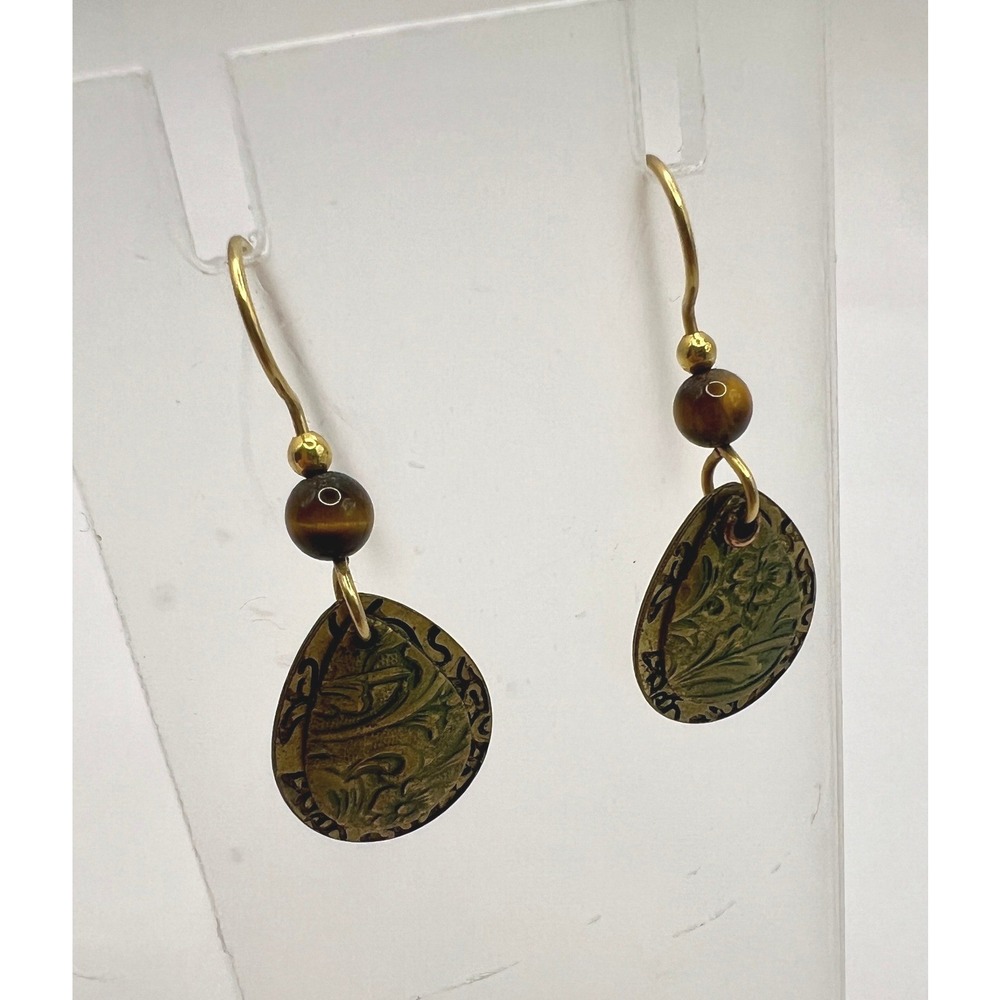 Brass Flower Dangle Earrings Tiger Eye Bead‎ Boho Artisan Nature Jewelry Earthy